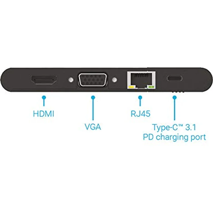 PNY All-In-One USB-C Mini Docking Station mit integriertem USB-C-Kabel mit 2xUSB-C, 2xUSB-A 3.1, 1xHDMI, 1xVGA, 1xRJ45, 1x SD und microSD-Anschlüssen, Schwarz, A-2UF-2TC-K01-RB – Bild 3