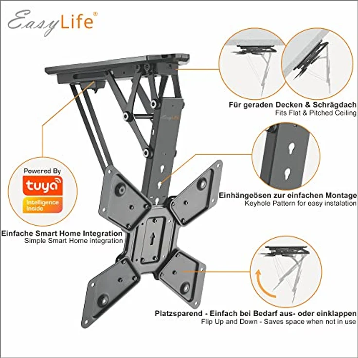 EasyLife EL-DHM-55S TV Deckenhalterung schwenkbar, elektrisch + Smart Home Integration, VESA bis 400x400, 23-55 Zoll + 30kg - Schwarz – Bild 2