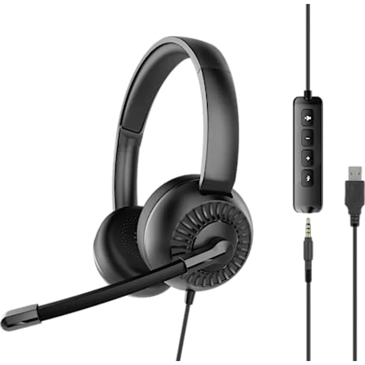 SPEEDLINK METIS USB Stereo-Headset – leichtes Headset kabelgebunden mit Mikrofon und Kabelfernbedienung, USB-A- und 3,5 mm-Klinkenanschluss, Büro und Home-Office, Aufbewahrungstasche, schwarz