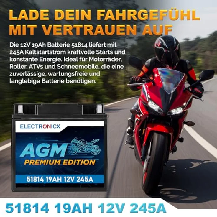 Electronicx AGM Motorradbatterie 19Ah 12V, wartungsfrei, rüttelfest und auslaufsicher für Motorrad, Roller, Quad und ATV – Bild 2
