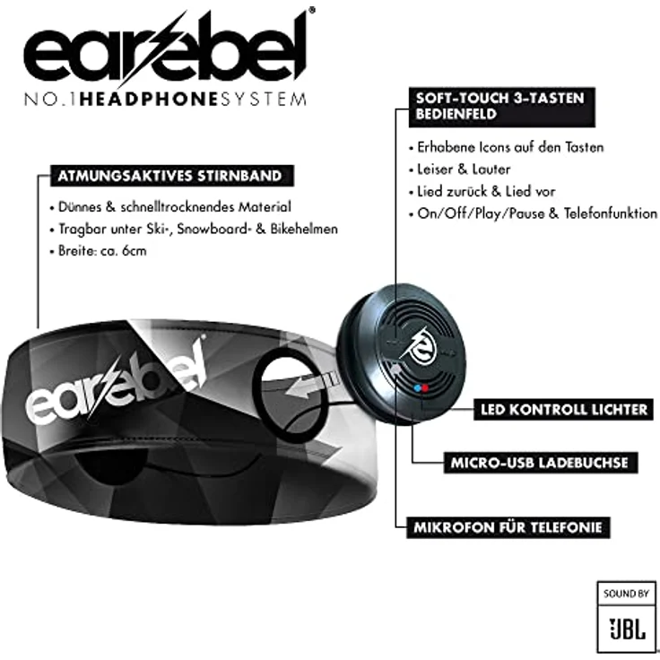 Sport Elite Stirnband mit JBL Bluetooth 5.0 On-Ear Kopfhörer und Mikrofon - Grey Pattern S/M – Bild 2