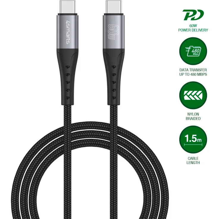 4smarts PrimeCord USB C Kabel 1,5 m, 60 W Power, 480 Mbit/s, Schwarz