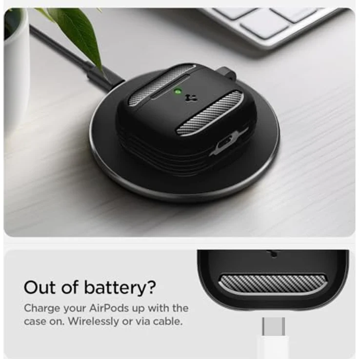 Spigen Rugged Armor Hülle Case kompatibel mit AirPods 4 (2024) - Matt Schwarz, TPU Hülle mit Karabiner und kabellosem Laden – Bild 5