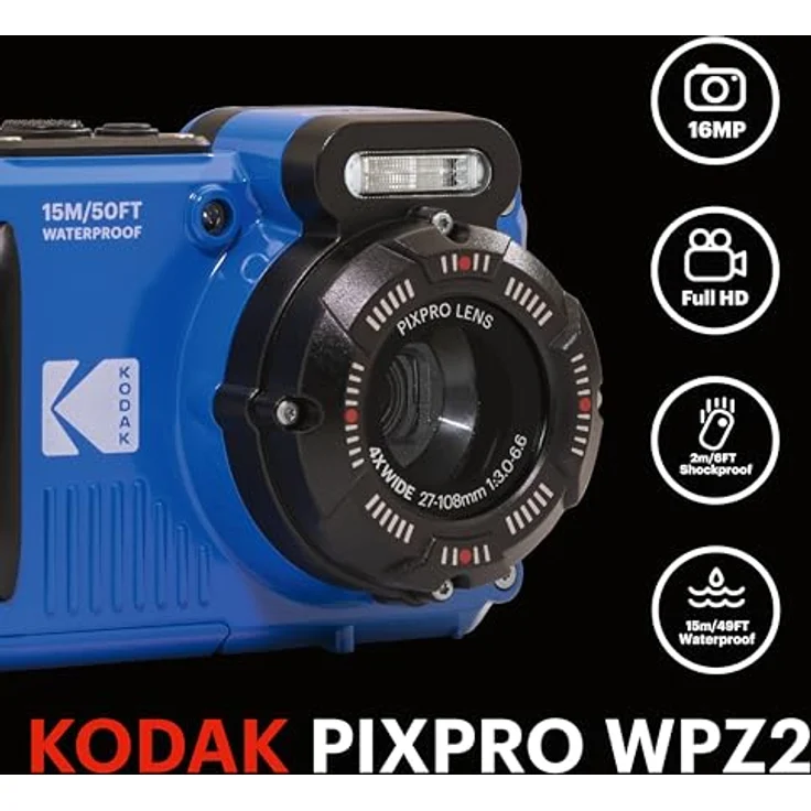 KODAK Pixpro Pack WPZ2, Digitalkamera 16MP, wasserdicht bis 15m, stoßfest, 720p Video, 2,7 Zoll LCD, blau, inklusive 2 Akkus und 1 x 16 GB SD-Karte – Bild 2