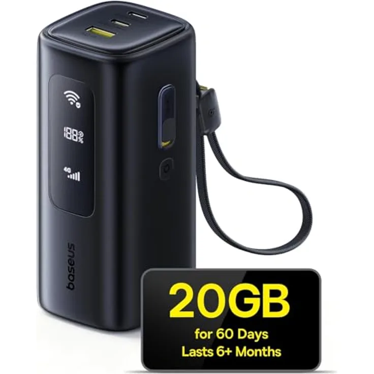 Baseus MIFI mobiler WLAN Router und Powerbank 20000mAh 67W mit USB-C, einziehbarem Ladekabel, 4G/LTE bis zu 150Mbit/s, Hotspot für bis zu 10 Geräte, kompakt für Reisen und Büro