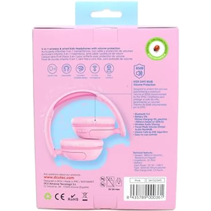 DCU Tecnologic PlaySafe Kids Kopfhörer DCU 34152545, 3-in-1 Design mit sicherer Lautstärkebegrenzung, rosa – Bild 4