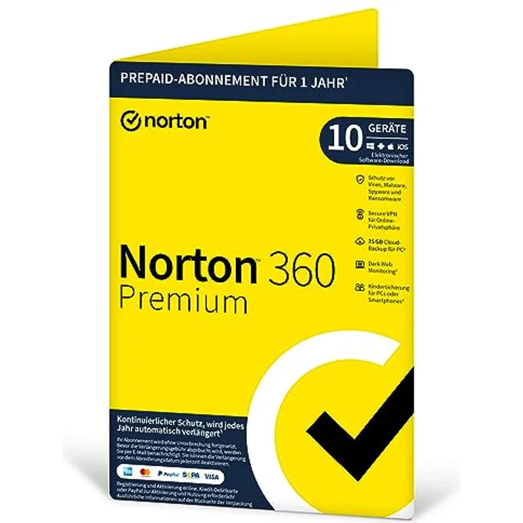 Norton 360 Premium 10 Geräte / 1 Jahr - Inklusive Antiviren Software, Secure VPN, Password Manager - 75 GB Cloud-Backup für PC - für Windows, Mac, Android, iOS - PKC - Aktivierungscode per Post