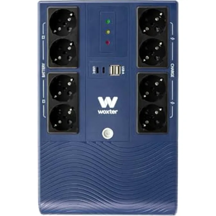 Woxter Base Multiuso UV, Line-Interaktive USV mit 720W Leistung, 8 Schuko-Steckdosen und 4 USB-Ladeanschlüssen, blau