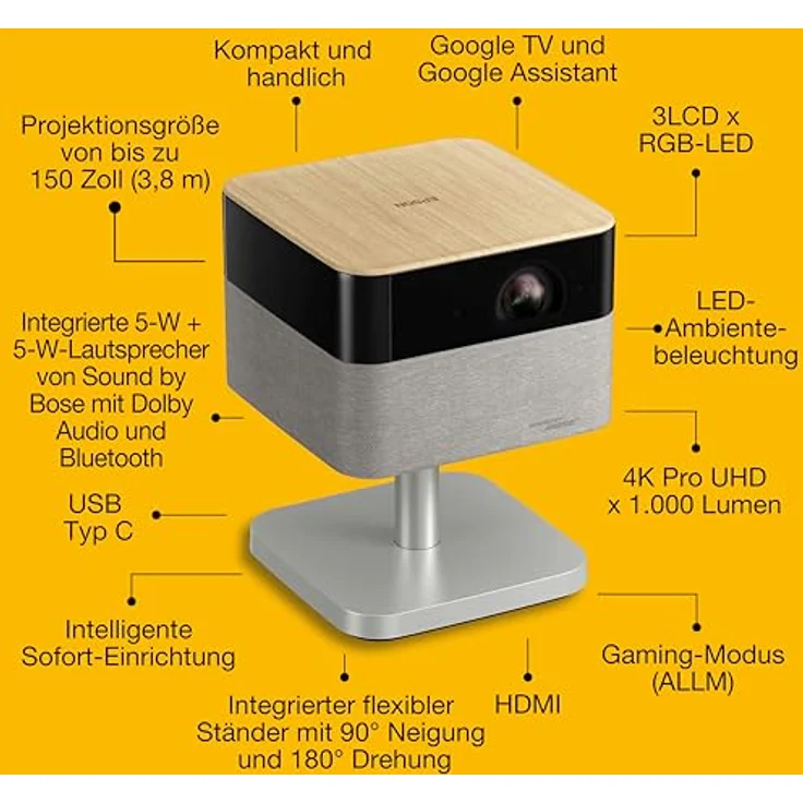 Epson Lifestudio Flex EF-72 Eiche, tragbarer Smart-Projektor mit 4K Pro-UHD, Sound by Bose, Google TV, verstellbarem Stand, innen und außen einsetzbar, 5 Jahre Geräteschutz – Bild 2