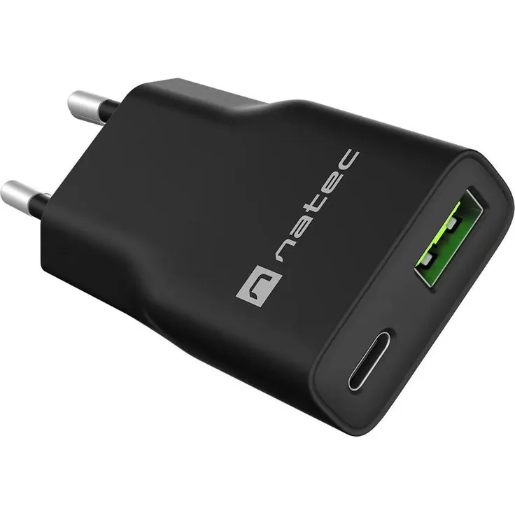 Natec Ribera GaN Slim USB-Ladegerät, 20W Dual-Output mit USB-A und USB-C, Schwarz