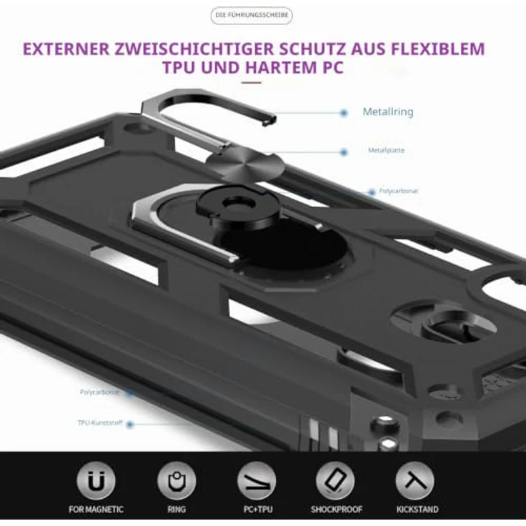 LeYi Schutzhülle für Samsung Galaxy A40, militärisch verstärkt mit doppelter Schicht, Stoßdämpfung, Ringhalterung, TPU/Silikon, Schwarz, 2 Stück Hartglas Displayschutzfolie – Bild 4