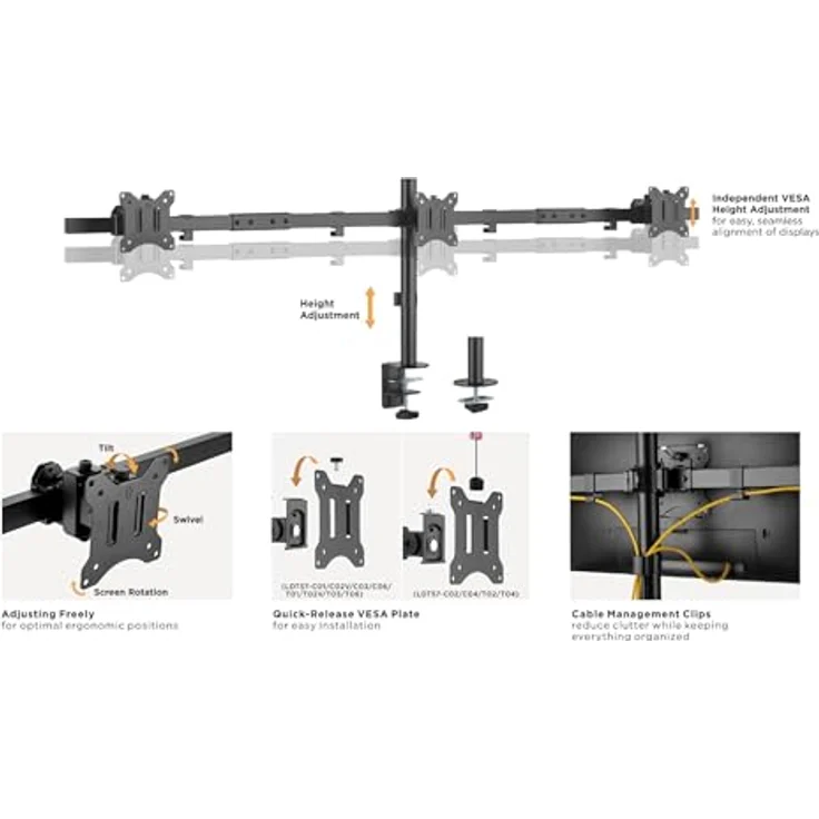Equip 650158 17"-32" bewegliche Tischhalterung für DREI Monitore, robuste Stahlkonstruktion, frei neigbares Design, schwarz – Bild 3