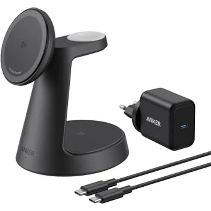 Anker MagGo 3-in-1 15W MagSafe kompatibles Ladegerät, iPhone Induktive Ladestation, Qi2-zertifiziert Wireless Charger für iPhone 16/15/14/13/12, Apple Watch, AirPods Pro (Adapter inkl.)