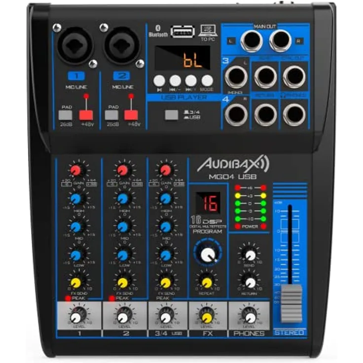Audibax MG04 USB Mesa Mezclas Con 4 Canales Bluetooth, MP3, USB Rec y Efectos