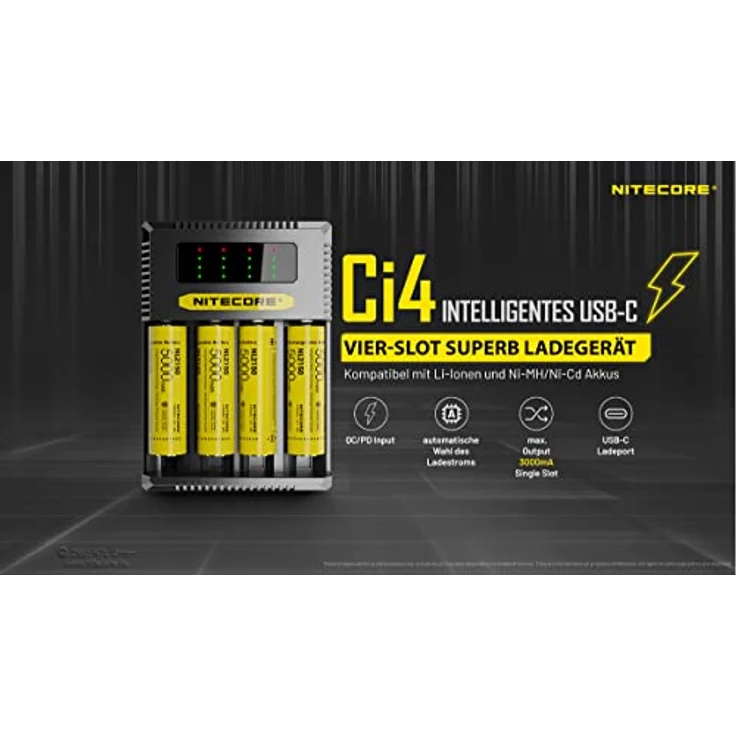 Nitecore USB-C Ladegerät CI4 - für Li-Ion, NiMH und NI-Cd Akkus - Feuerhemmender Kunststoff – Bild 2