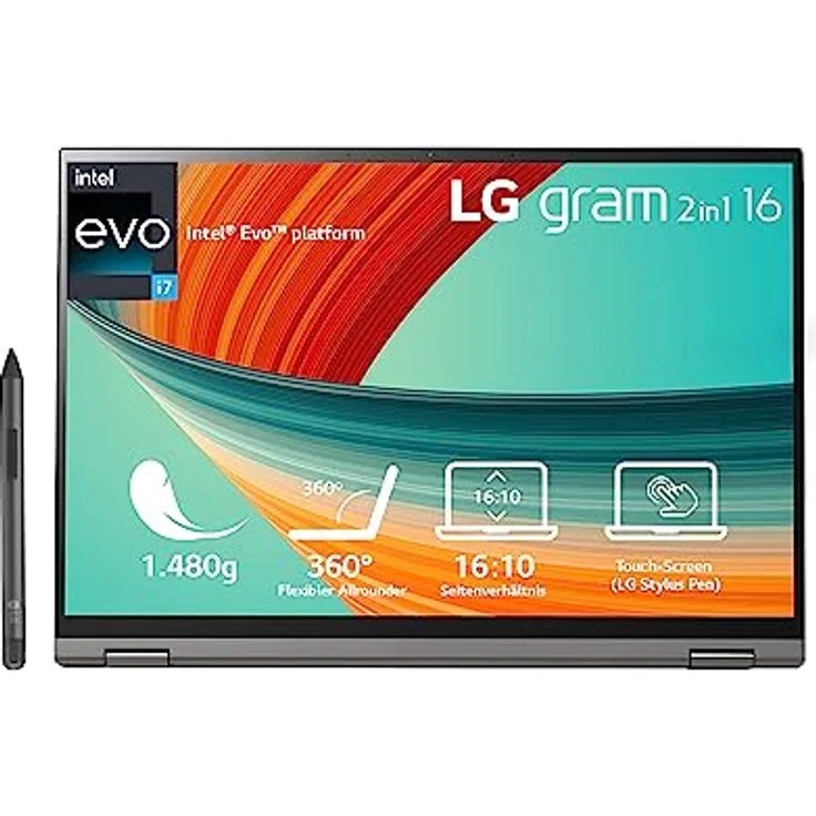 LG gram 16T90R-G.AA78G 16 Zoll Ultralight 2-in-1 Convertible Notebook & Tablet - 1.480g Intel Core i7 (16GB RAM, 1TB SSD, 16:10 IPS LCD Display mit Pen Touch, Thunderbolt 4, Win 11 Home, Mirametrix) - Schwarz