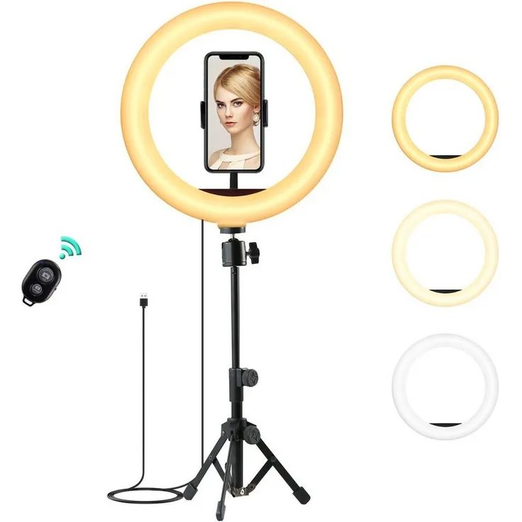 AUKEY Ringlicht 10" Dimmbar, Desktop Steh Ringleuchte mit 360° Handy Stativ und variabler Höhe (35-129 cm)