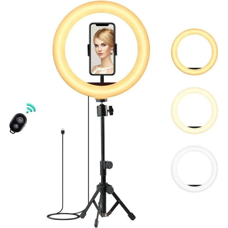 AUKEY Ringlicht 10" Dimmbar, Desktop Steh Ringleuchte mit 360° Handy Stativ und variabler Höhe (35-129 cm)
