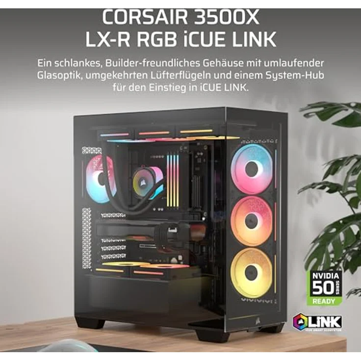Corsair 3500X LX-R RGB iCUE LINK Mid-Tower-PC-Gehäuse – 3 x vorinstallierte LX120-R RGB-Lüfter, iCUE LINK System Hub, GPU-Anti-Sag-Arm, Platz für bis zu 10 x 120-mm-Lüfter – Schwarz – Bild 2