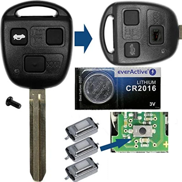 mt-key Auto Schlüssel 3 Tasten Set für Toyota Yaris, Verso, RAV4, Previa mit TOY43 Gehäuse, Tastenfeld und CR2016 Knopfzelle – Bild 2