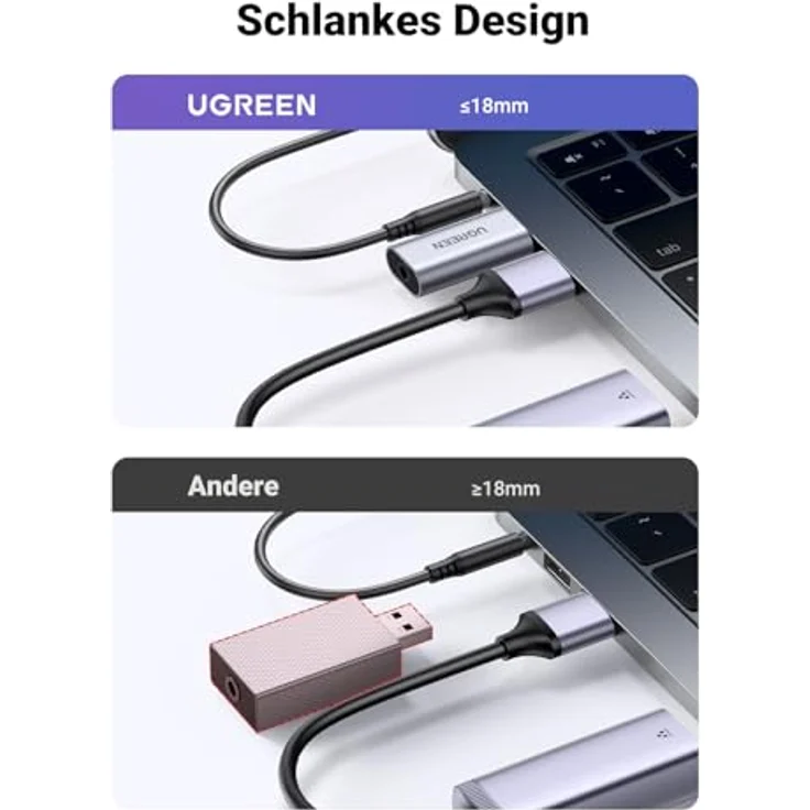 UGREEN USB Externe Soundkarte USB A auf 3,5 mm Adapter, Plug and Play, 24 bit/96 kHz Audioausgang, Aluminiumlegierung, kompakt – Bild 4