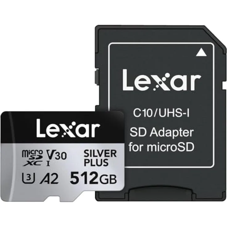 Lexar Silver Plus Micro SD Karte 512 GB, bis zu 205 MB/s Lesegeschwindigkeit, 150 MB/s Schreibgeschwindigkeit, UHS-I, A2, U3, V30, Class 10, 4K UHD microSDXC, mit SD Adapter