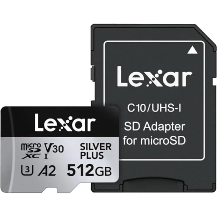 Lexar Silver Plus Micro SD Karte 512 GB, bis zu 205 MB/s Lesegeschwindigkeit, 150 MB/s Schreibgeschwindigkeit, UHS-I, A2, U3, V30, Class 10, 4K UHD microSDXC, mit SD Adapter – Bild 1