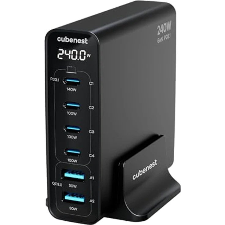 CubeNest 240W USB Ladestation | 2 x USB A + 4 x USB C Ladegerät mit LCD Display, GaN Technologie, 6-Port Power Adapter, kompatibel mit MacBook Pro/Air, iPhone, Notebooks, Handys, Tablets – Bild 1