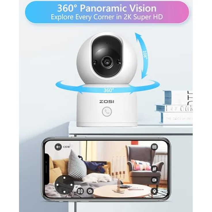 ZOSI 2K WLAN-Überwachungskamera für den Innenbereich, 2 Stück, PT 2,4 G/5 G WLAN, bewegungserkennung, bidirektionales Audio, nachtsicht, SD-Karten- und Cloud-Speicherung – Bild 2