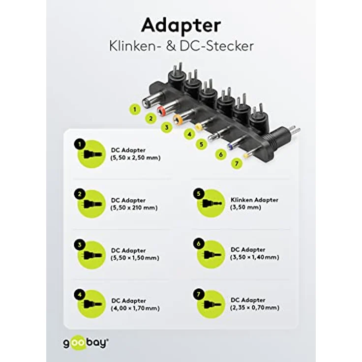 Goobay 54799 Universal Netzteil 9V - 24V max 24 W Netzgerät mit Adapter 1x Klinkenstecker & 6x DC-Stecker 1500 mA Steckernetzteil Schwarz – Bild 4