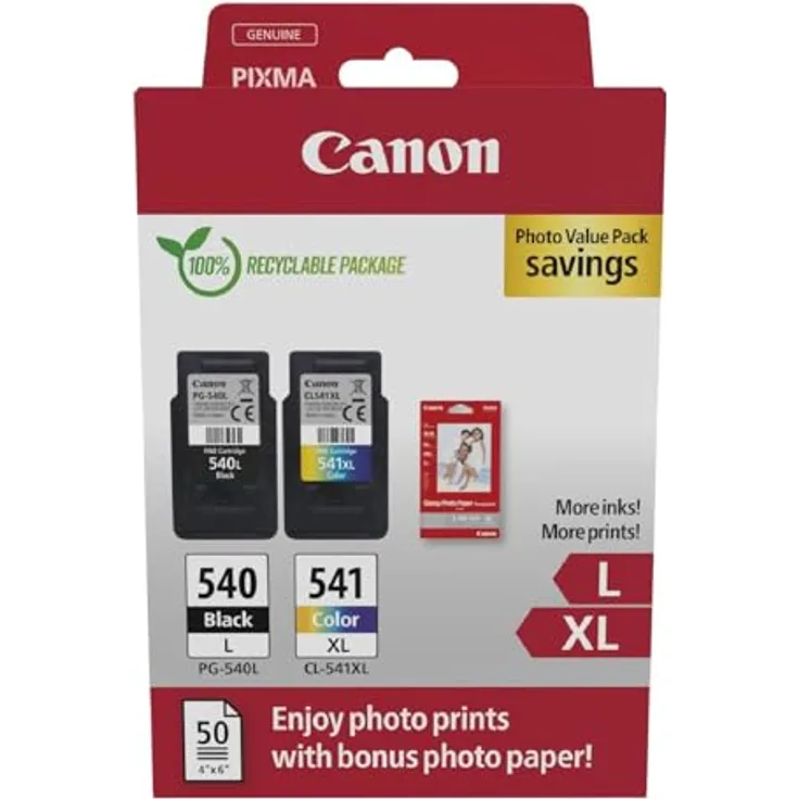 Canon PG-540L + CL-541XL Photo Value Pack, Tintenpatronen mit schwarzer und mehrfarbiger Tinte für brillante Ausdrucke