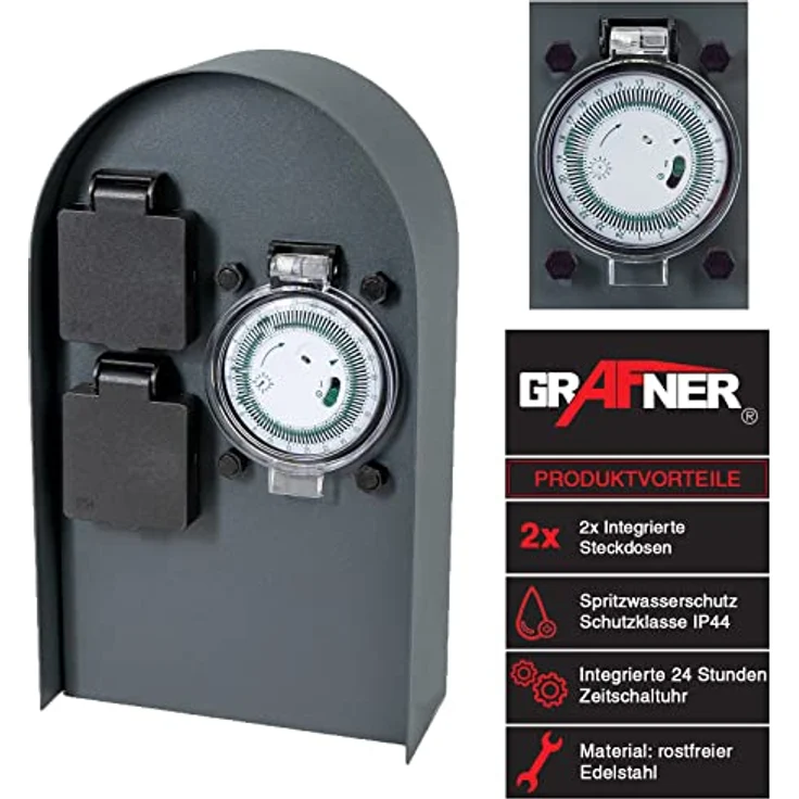 Grafner Steckdose, Edelstahl Steckdosensäule mit Timer 2 Außensteckdosen Anthrazit Gartensteckdose – Bild 2