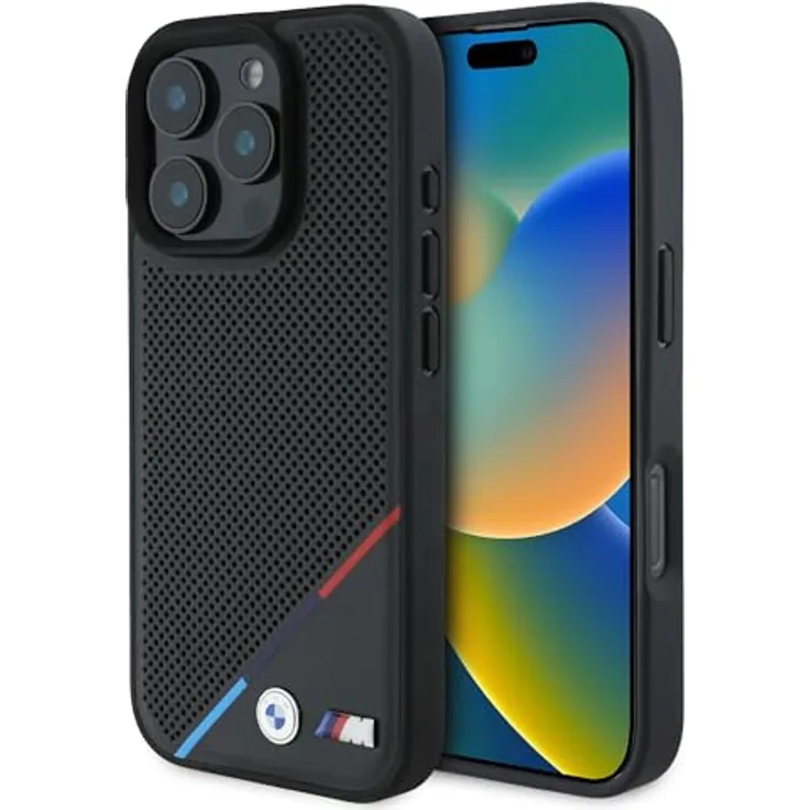 BMW BMHMP16L23PUPDK iPhone 16 Pro Hardcase, perforiert mit Tricolor Line und MagSafe, schwarz