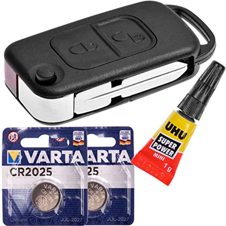 mt-key Auto Schlüssel 2 Tasten, inklusive HU39 Rohling, 2x VARTA CR2025 Knopfzelle (3 V) und Kleber, für Mercedes Benz R170 W414 W903 und Chrysler – Bild 1