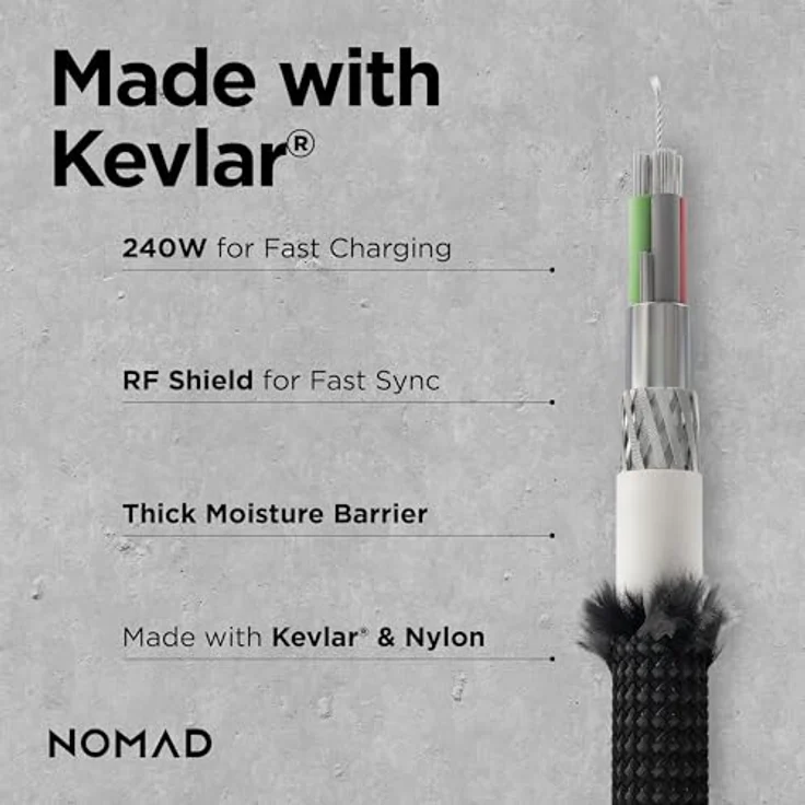 Nomad USB-C zu USB-C Kabel, 1.5m/240W, mit Polyamid® Verstärkung und Elektroplatierten Metallanschlüssen, für schnelles Laden von iPhone, iPad, MacBook, unterstützt USB-C PD – Bild 4