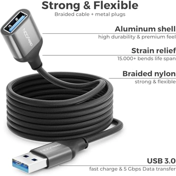 deleyCON 0,5m USB 3.0 Verlängerungskabel, 5Gbps, A-Stecker auf A-Buchse, Aluminium Stecker, Nylon Kabel, Datenkabel für Tastatur, Drucker, Scanner, Kamera – Bild 4
