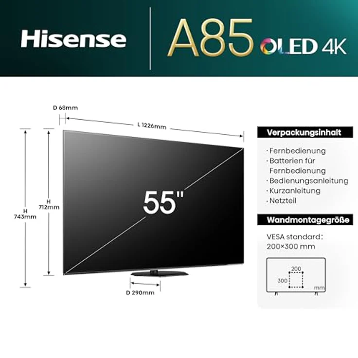 Hisense 55A85N 139cm (55 Zoll) OLED Smart TV, 4K UHD, 120Hz, HDMI 2.1, Game Mode Pro, AMD FreeSync Premium, Dolby Vision IQ & Atmos, Bluetooth, Alexa Built-in, Schwarz [2024] – Bild 2