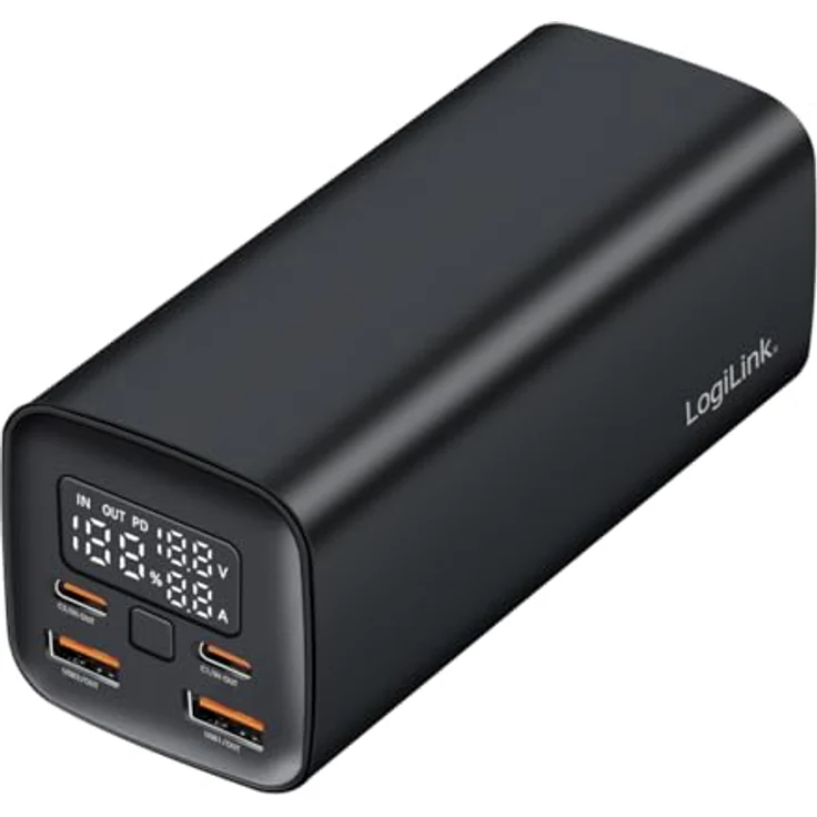 LogiLink PA0350 Powerbank 20000 mAh, QC 3.0 & PD 3.0, 65 W, Aluminium-Gehäuse, LCD-Display, bidirektionales Aufladen – Bild 1