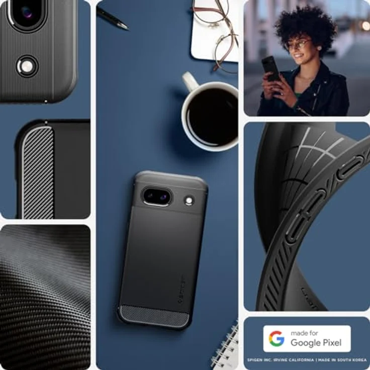 Spigen Rugged Armor Hülle Kompatibel mit Google Pixel 8a -Schwarz - TPU Hülle mit Karbon Look Prägung und Air Cushion Technologie – Bild 2
