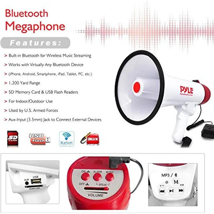 PYLE AUDIO INC Bluetooth Megaphone - PA Megaphone Speaker with Wired Microphone, Siren Alarm Mode, MP3/USB/SD Readers – Bild 5