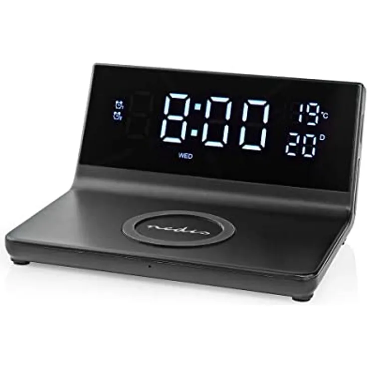 Nedis Wecker Kabelloses Ladegreät | Qi Zertifiziert | 5/7.5/10 / 15 W | USB-A Stecker | 2 Alarmzeiten | Snooze-Funktion