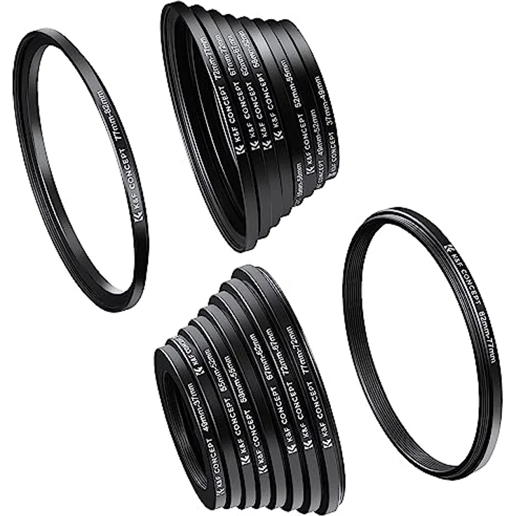 K&F Concept® 18 teiliges Filteradapter Set Kamera Objektiv Filter Metall Step Up Ringe 9er Step Down Ringe Set für Canon Nikon Sony Sigma Tamron Schwarz – Bild 2