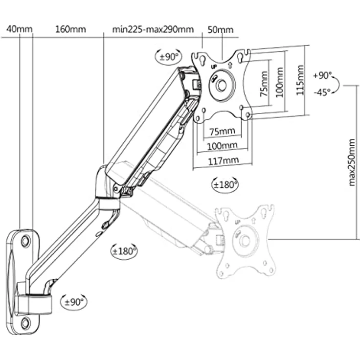 Deltaco ARM-0360, Wand-Monitorhalterung für 32 Zoll Monitore, höhenverstellbar mit Dreh- und Neigefunktion, Schwarz – Bild 7