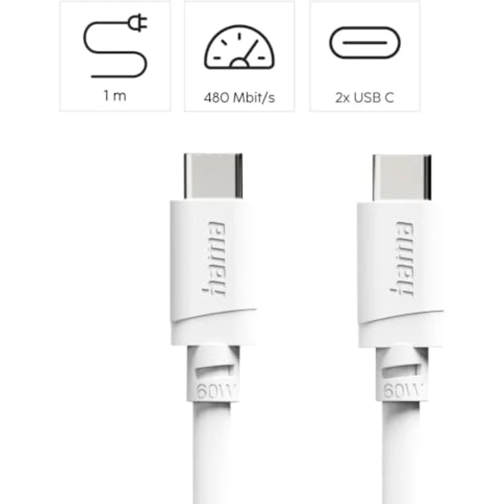 Hama 201807 USB-C auf USB-C Kabel, 1 m, 0,48 Gbit/s, 60 W, Weiß – Bild 2