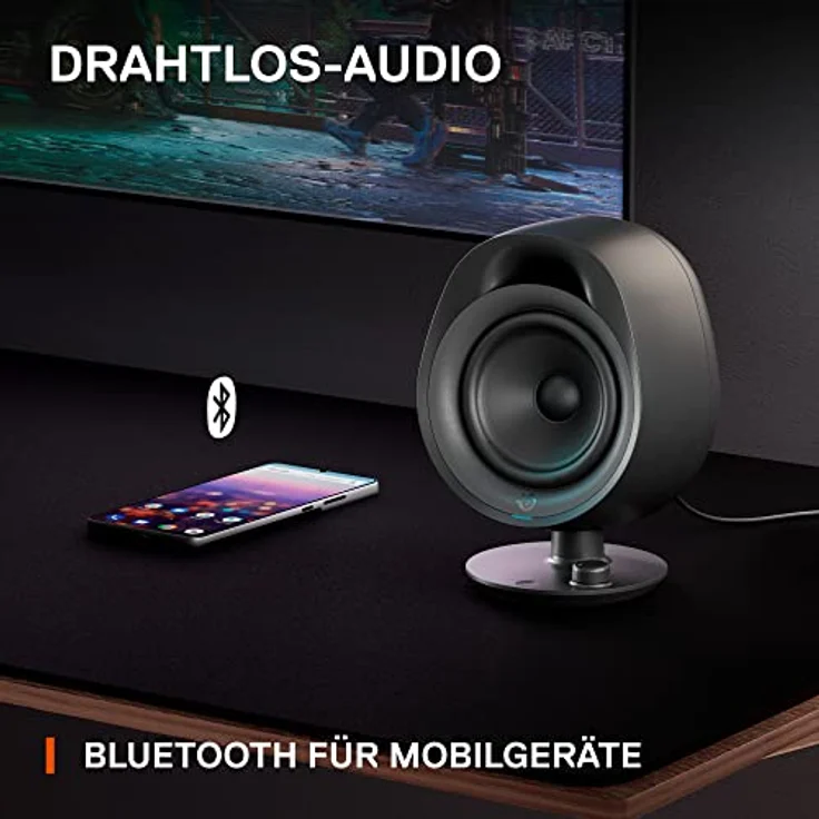 SteelSeries Arena 3 - Full-Range 2.0 Gaming-Lautsprecher – Fesselndes Audio – Intuitive Bedienung – 4-Zoll-Treiber – Kabelgebunden oder Bluetooth – 3,5-mm Aux-Anschluss – PC, Mac, Mobilgeräte, Black – Bild 5
