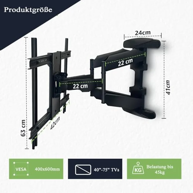 MK-Digital TV-Wandhalterung für 40-75 Zoll (100-189cm) Bildschirme bis zu 45kg Max VESA 600x400mm, LCD, LED Fernseher Wandhalterung Schwenkbar, Neigbar, Universal TV Halterung für Flach und Curved TV - Schwarz – Bild 4