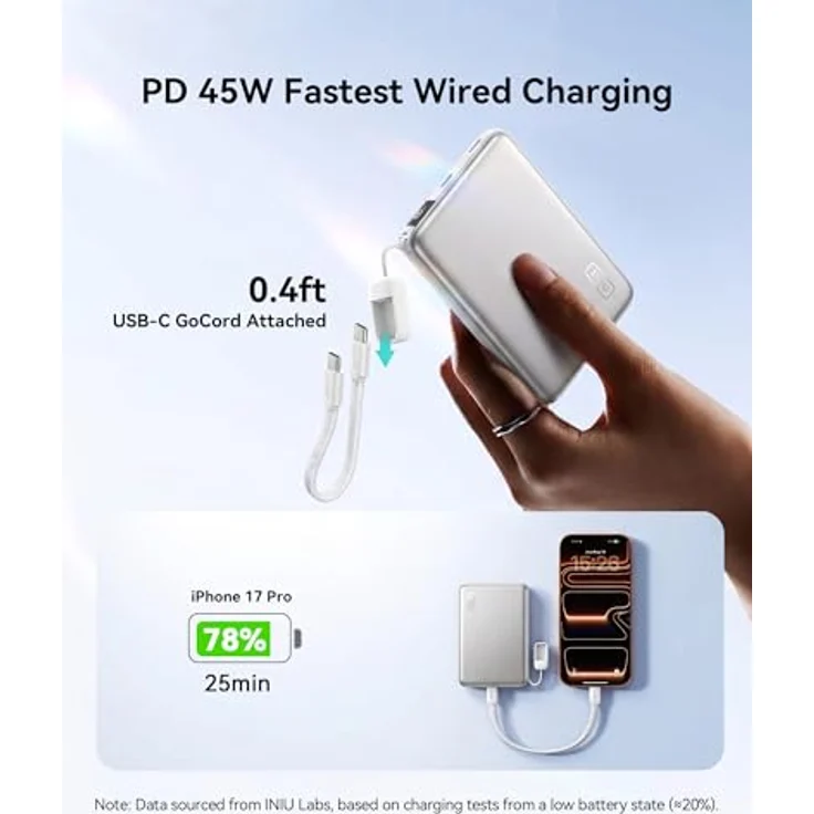 INIU 10000mAh Qi2 25W Power Bank, Dünnste Kabellose & Ultraschnelle Ladegerät mit 45W USB C, Magnetisches Laden, LED Anzeige, Flugsicher für iPhone 17-12 Serie, Weiß – Bild 4