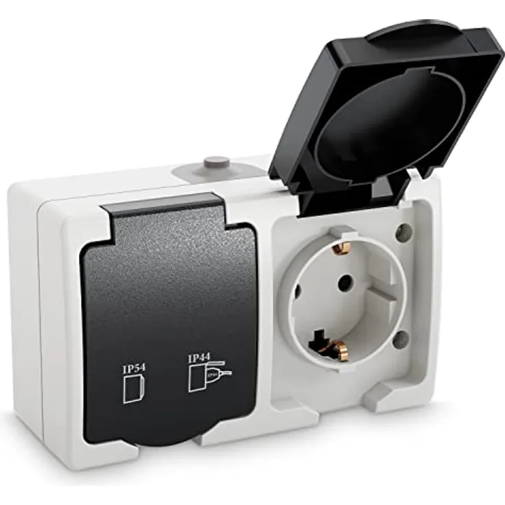 greate Feuchtraum Steckdose Aufputz 2fach IP44, 250V, 16A, grau - EINFACHE Installation, spritzwassergeschützt - Aufputzsteckdose für Aussenbereich
