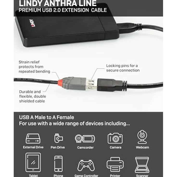 Lindy Anthra Line - USB-Verlängerungskabel - USB (M) bis USB (W) - USB2.0 - 3,0m - rund - Schwarz (36704) - Preisvergleich – Bild 3