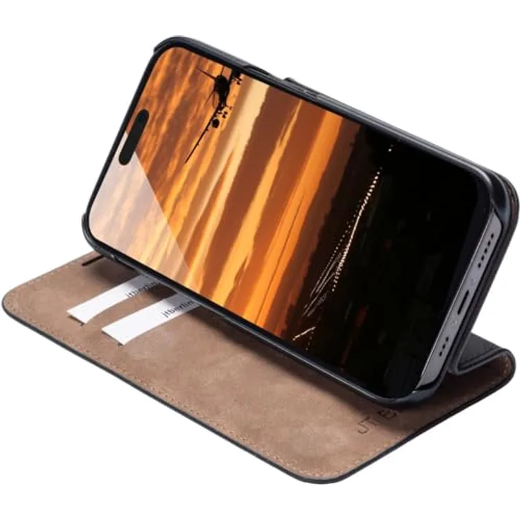 JT Berlin Bookcase Tegel Echtleder Hülle kompatibel mit Apple iPhone 16 Pro (Premium Flip-Case, Standfunktion, EC-Kartenfächer, Magnetverschluss) in schwarz